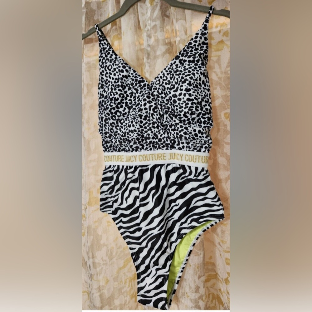 Juicy Couture One Piece Bathing Suit Leopard & Zebra Print w/ elastic logo band